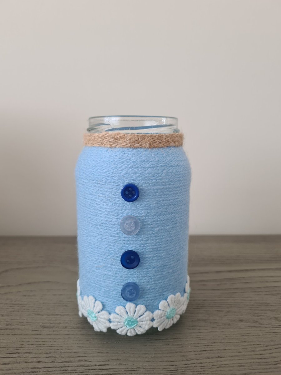 Baby Blue Yarn Wrapped Vase With Daisy Trim