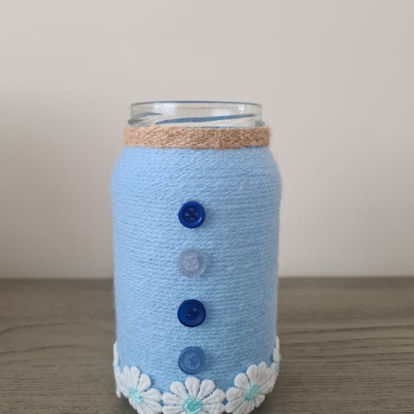 Baby Blue Yarn Wrapped Vase With Daisy Trim