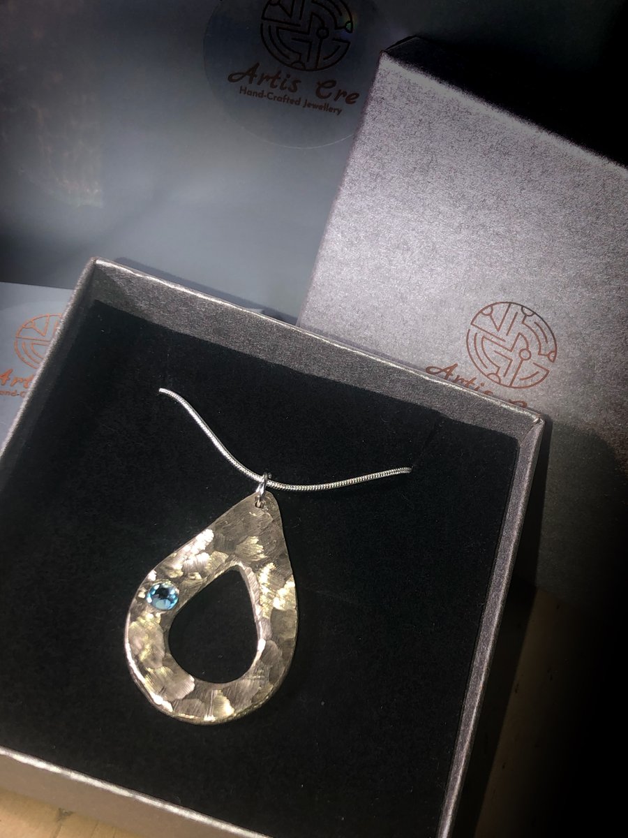 Handcrafted white Bronze teardrop pendant Aquamarine Swarovski Crystal silver