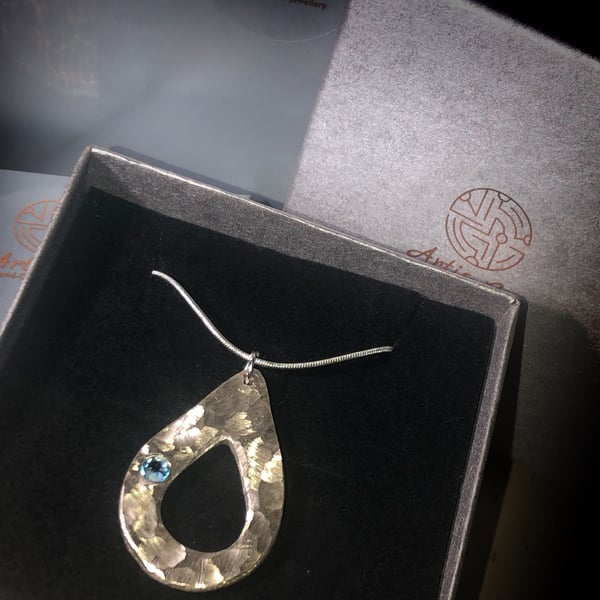 Handcrafted white Bronze teardrop pendant Aquamarine Swarovski Crystal silver
