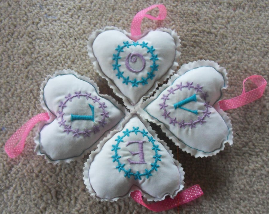 Set of Four Lavender Hearts, Embroidered with LOVE