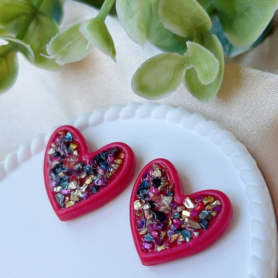 Red heart stud earrings for women, handmade Valentine's gift for her