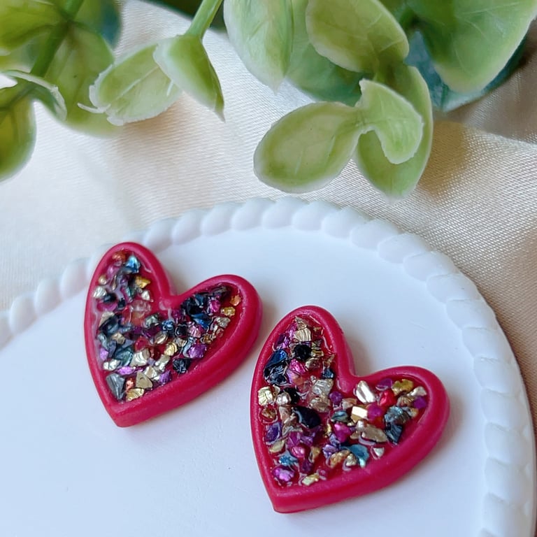Red heart stud earrings for women, handmade Valentine's gift for her