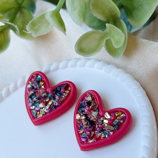 Red heart stud earrings for women, handmade Valentine's gift for her