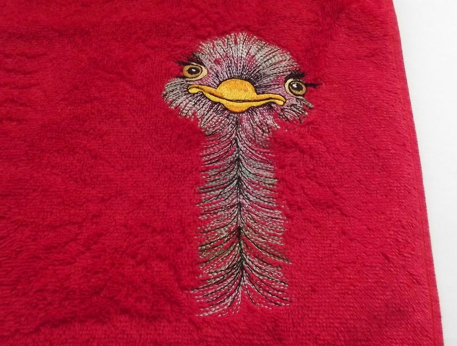 Ostrich Embroidered Bath Towel. Dark Red, T16