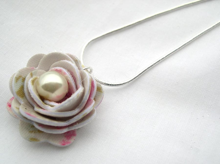 Hardened Fabric Cream Vintage Style Print Rose Necklace silver plated