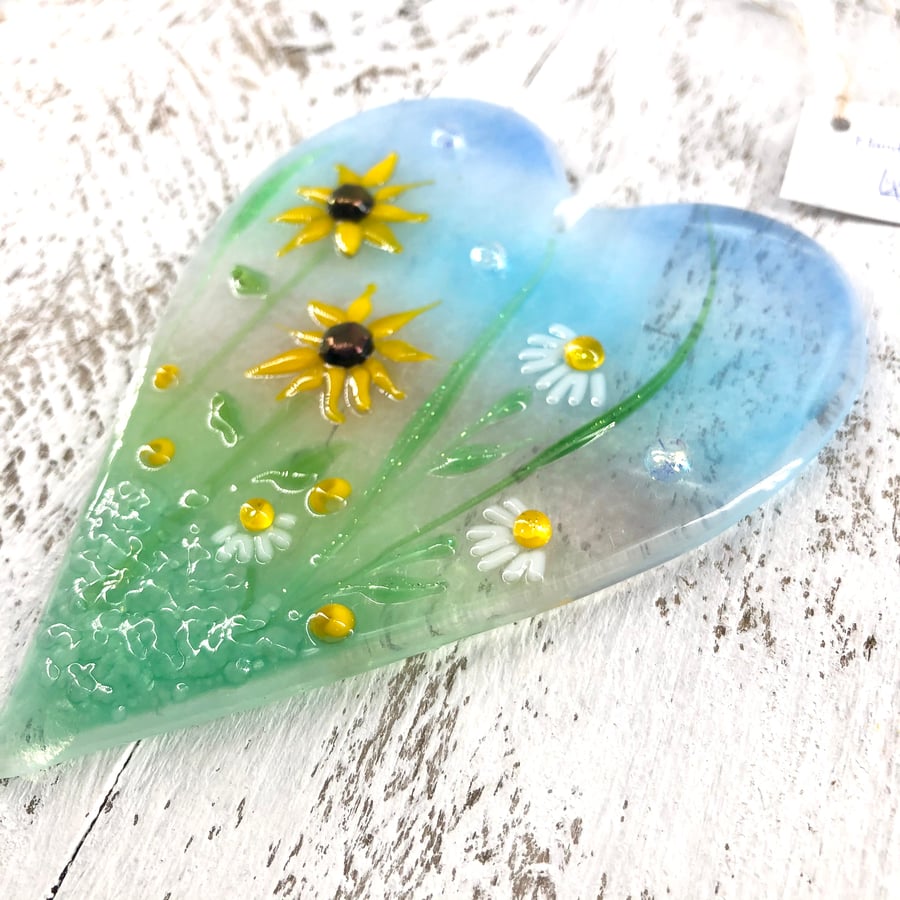 Glass Meadow Heart with Sunflowers & Daisies