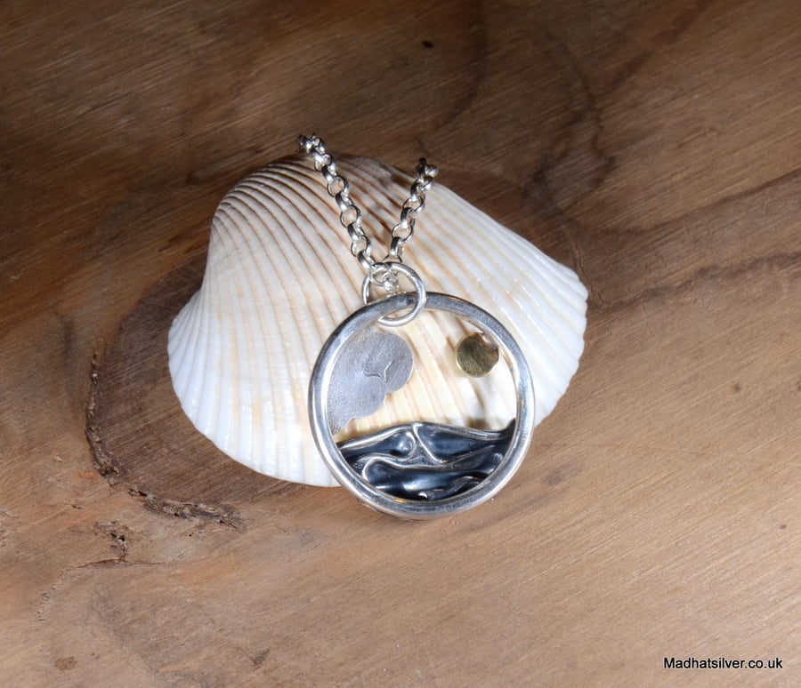 Hoop silver beach, sea pendant, with brass sun and seagull