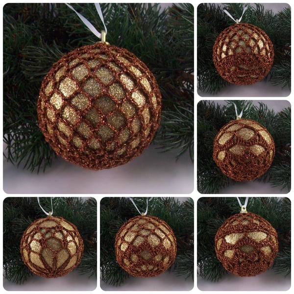 Christmas baubles boxed set of 6 large decorated with crochet lace (A21)