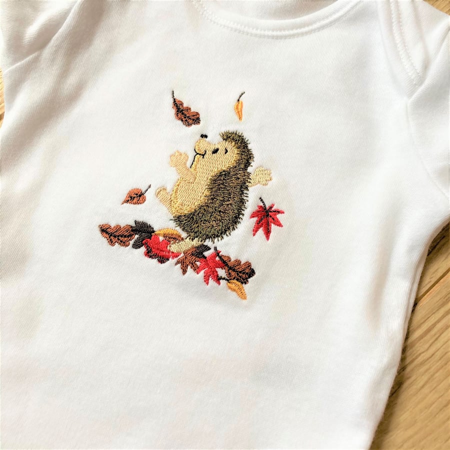 Long Sleeve White Baby Bodysuit 0-3 Months with hedgehog embroidery