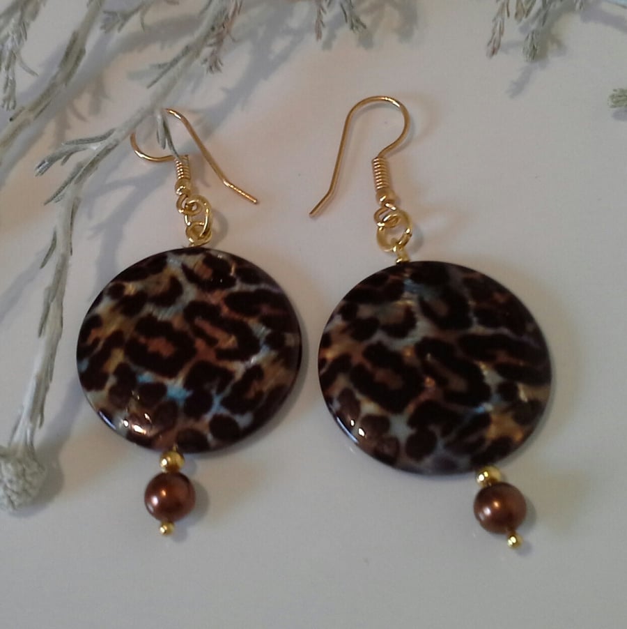Statement Animal Print Mother of Pearl Earrings Gold Plated