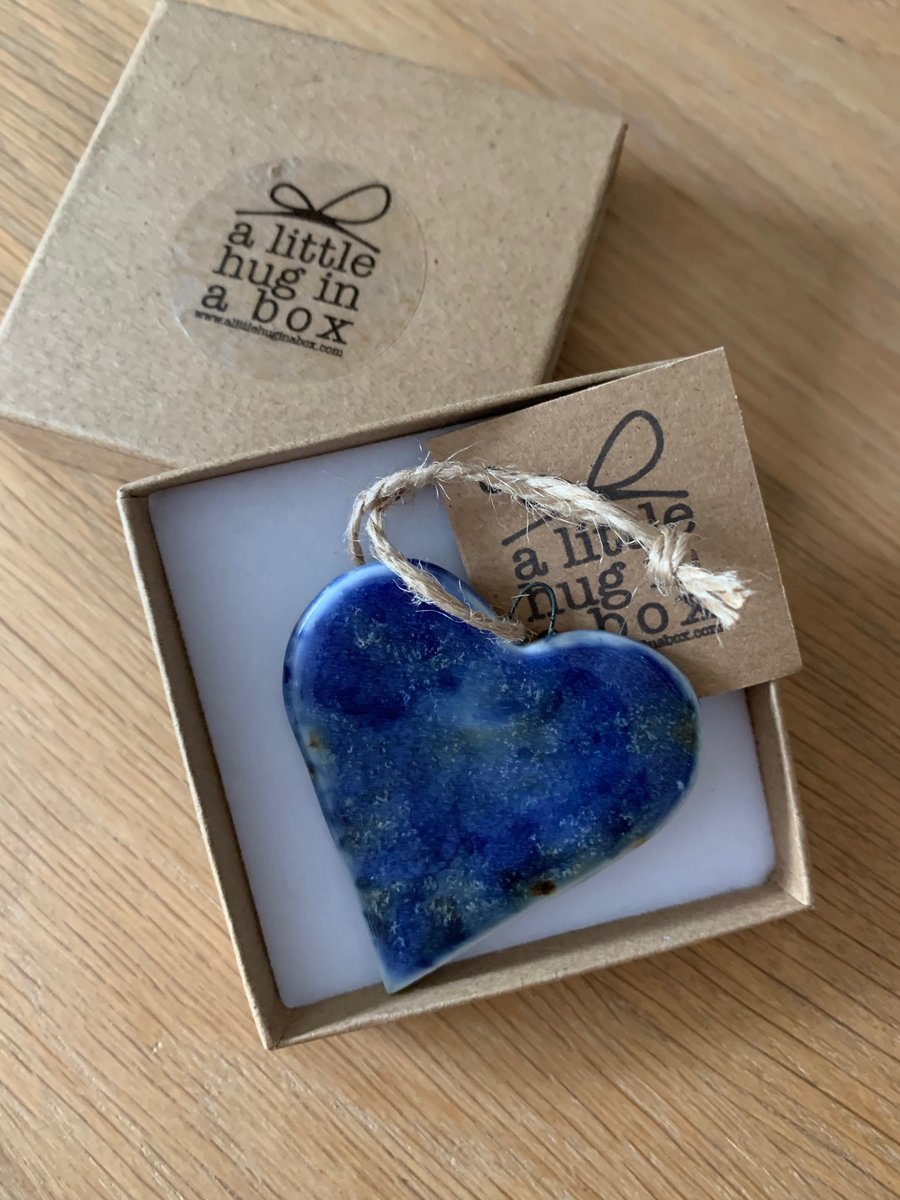  A Little Hug in a Box Hand Made Blue and Green Speckled Porcelain Heart  