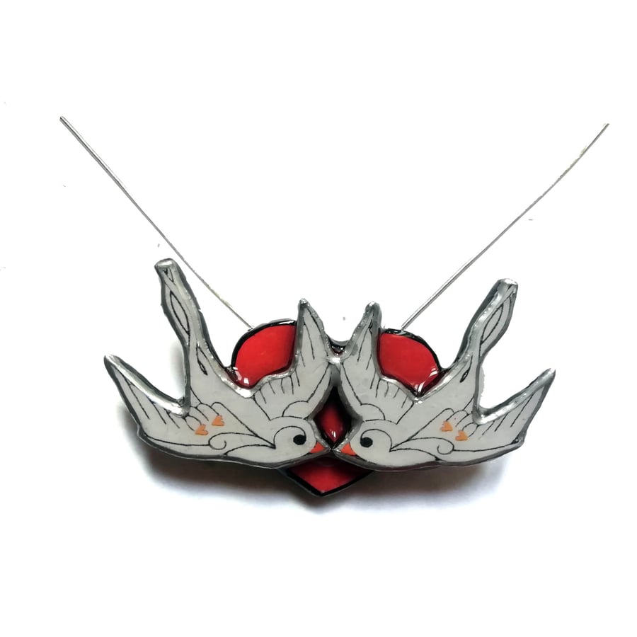 Large Statement Pair of Swallows & Heart Necklace by EllyMental