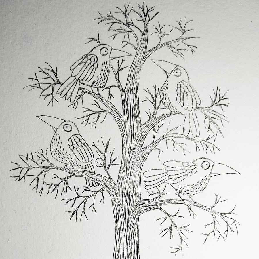 Four birds in a tree drypoint print