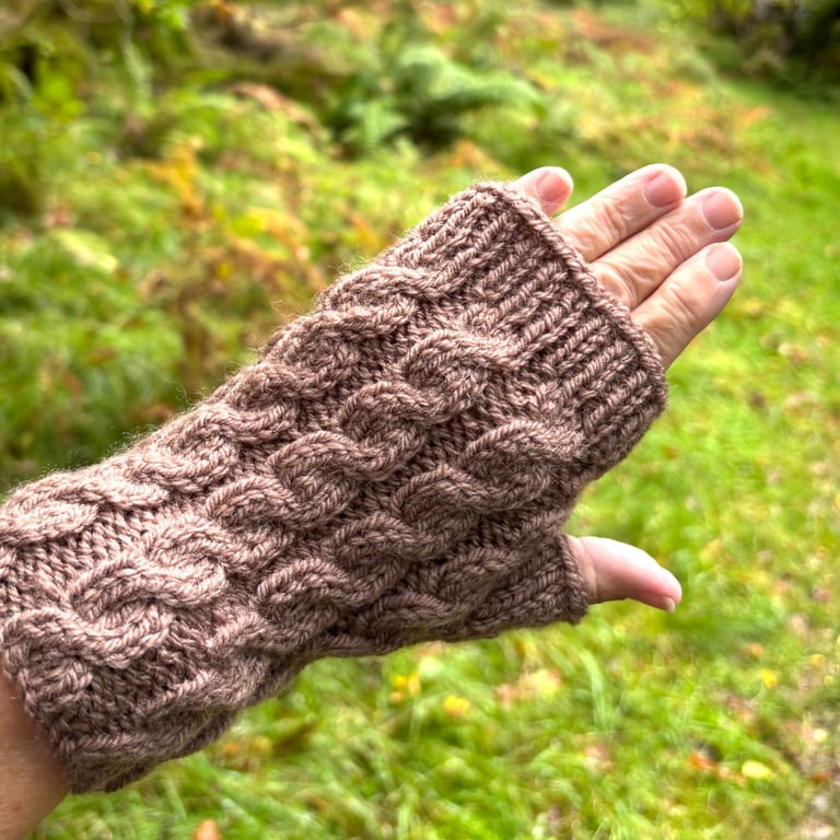 Hand knitted fingerless gloves.           BROWN 