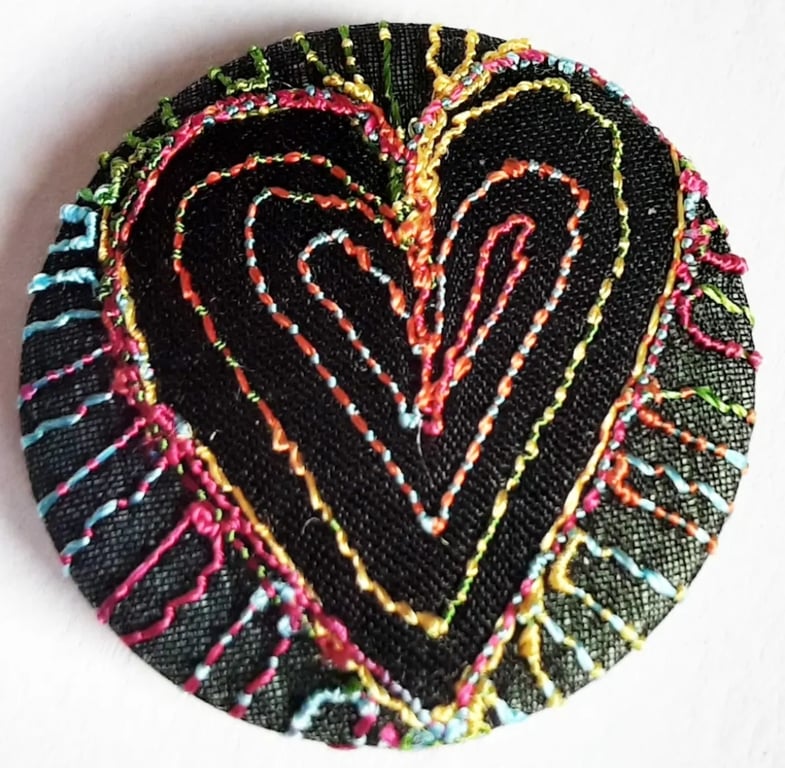 One Inch Button Heart Fabric Button with Free Machine Embroidery 