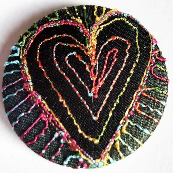 One Inch Button Heart Fabric Button with Free Machine Embroidery 