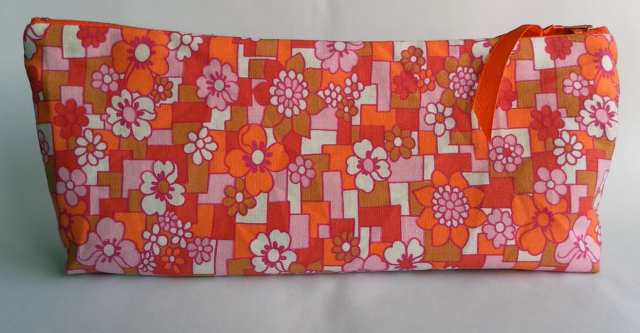 Vibrant Orange, Floral Make up Bag or Pencil Case