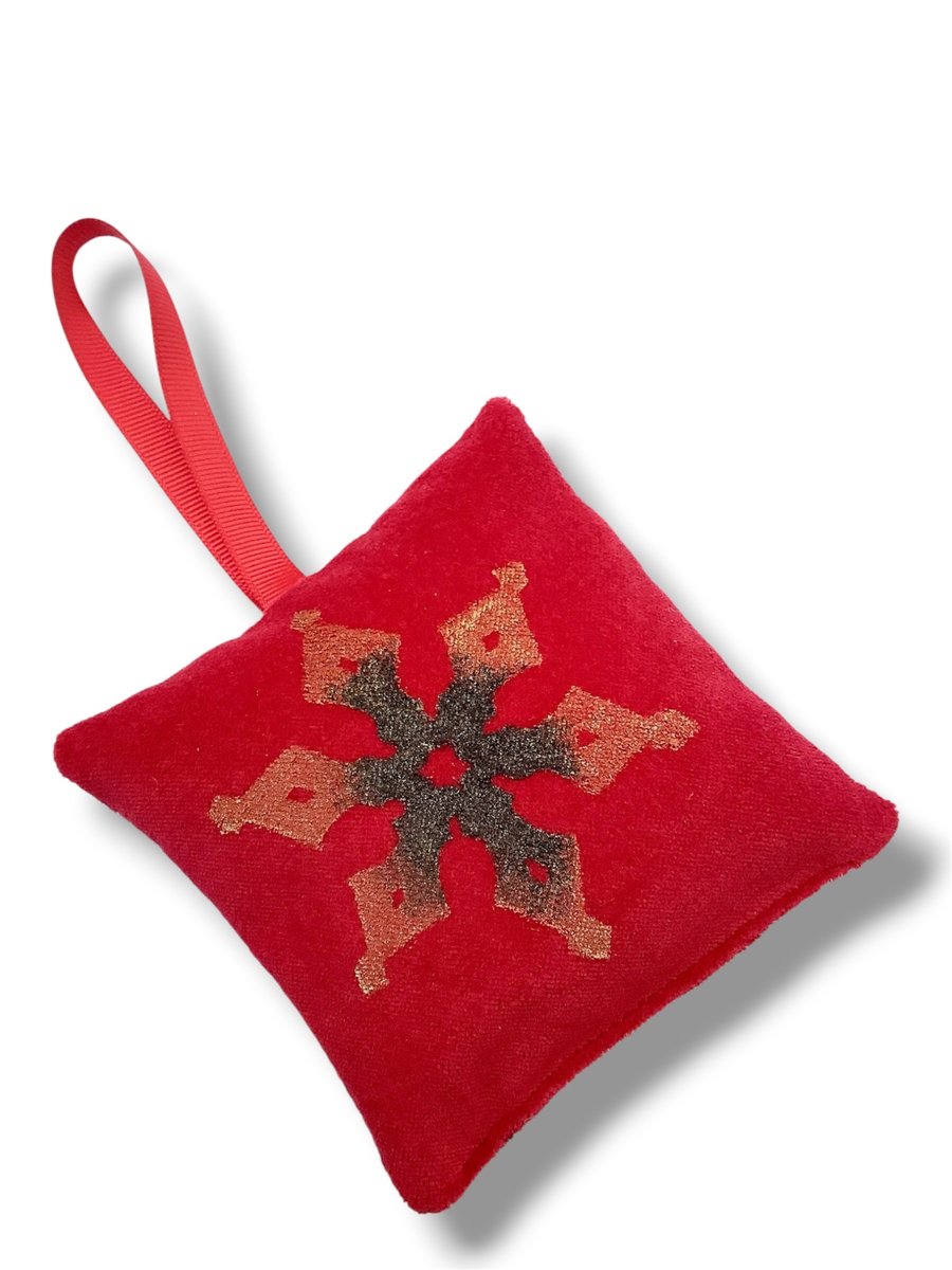Image of Velvet Lavender Sachet, Hand Printed Lavender Bag, Snowflake Christmas Ornament 
