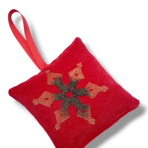 Velvet Lavender Sachet, Hand Printed Lavender Bag, Snowflake Christmas Ornament 
