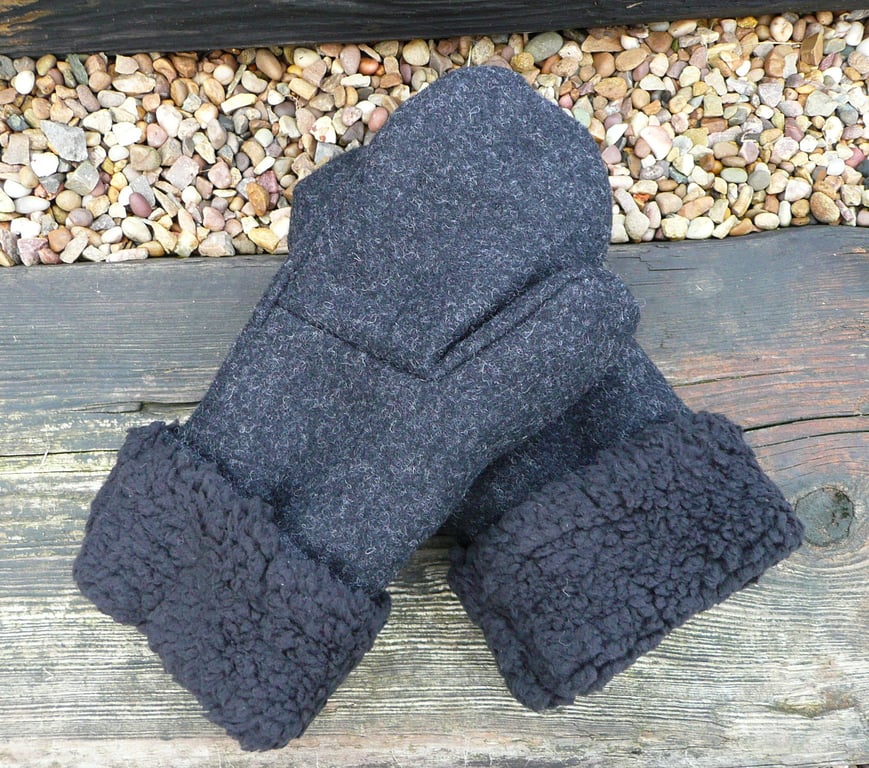 Black british wool tweed mittens ladies gloves faux sheepskin sherpa fleeced
