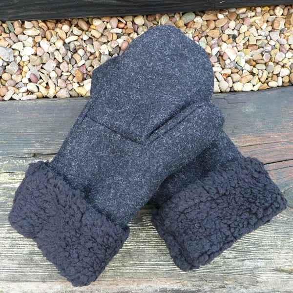 Black british wool tweed mittens ladies gloves faux sheepskin sherpa fleeced