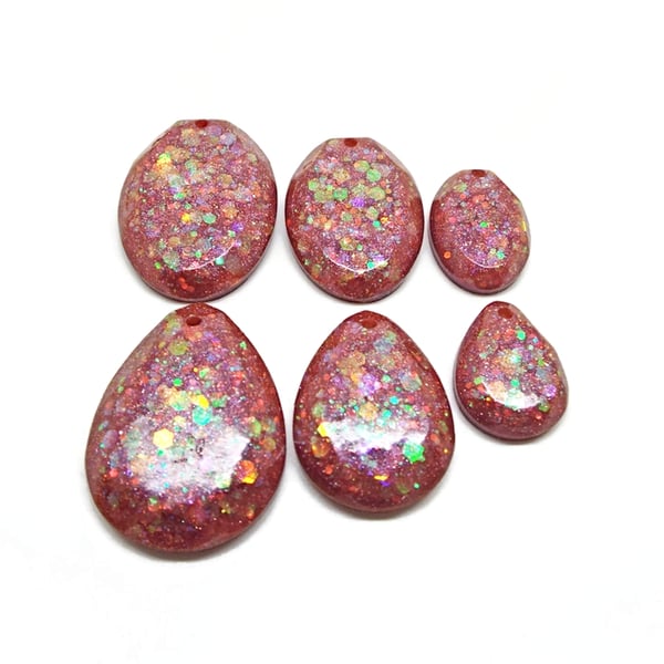 6 Red Glitter Pendants, Handmade with Resin