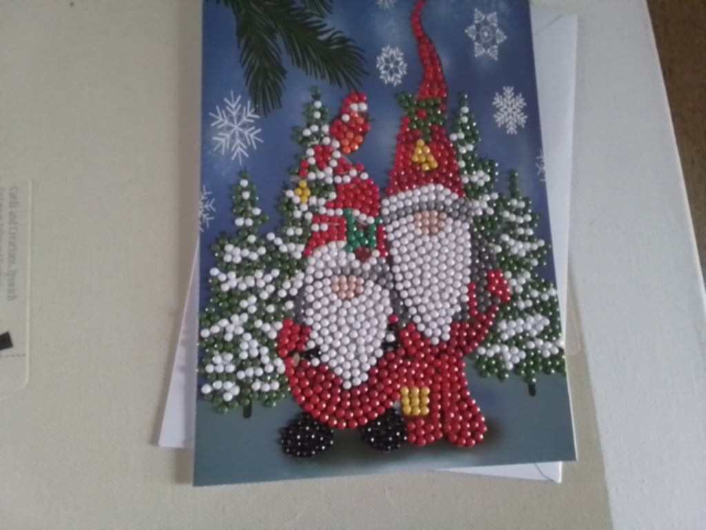 Christmas card. Bead art card. Gonks. Gnomes. Ref 459