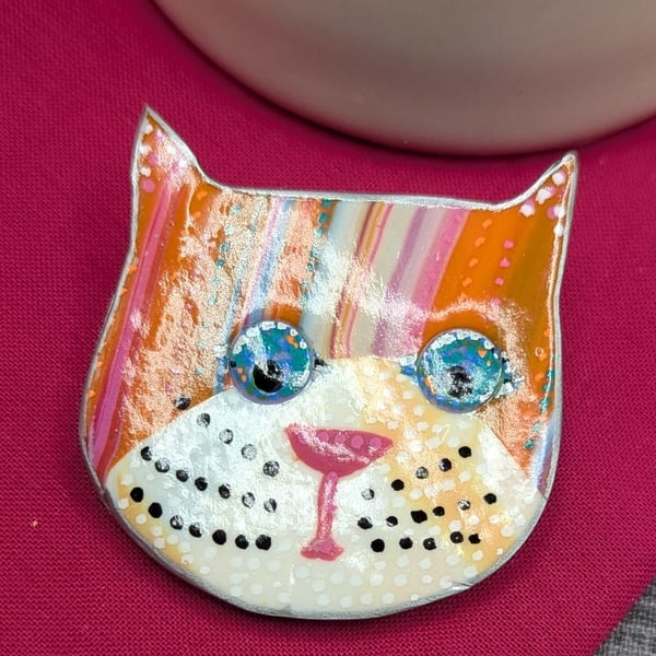 Polymer clay cat brooch