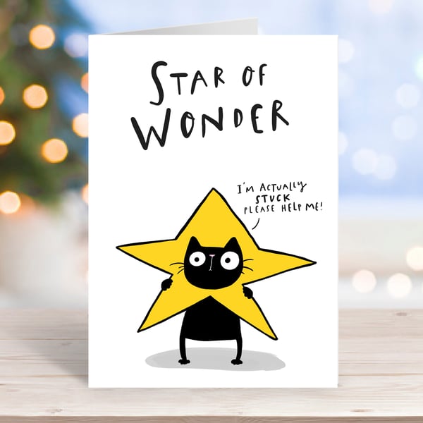 Star of Wonder black cat Christmas card