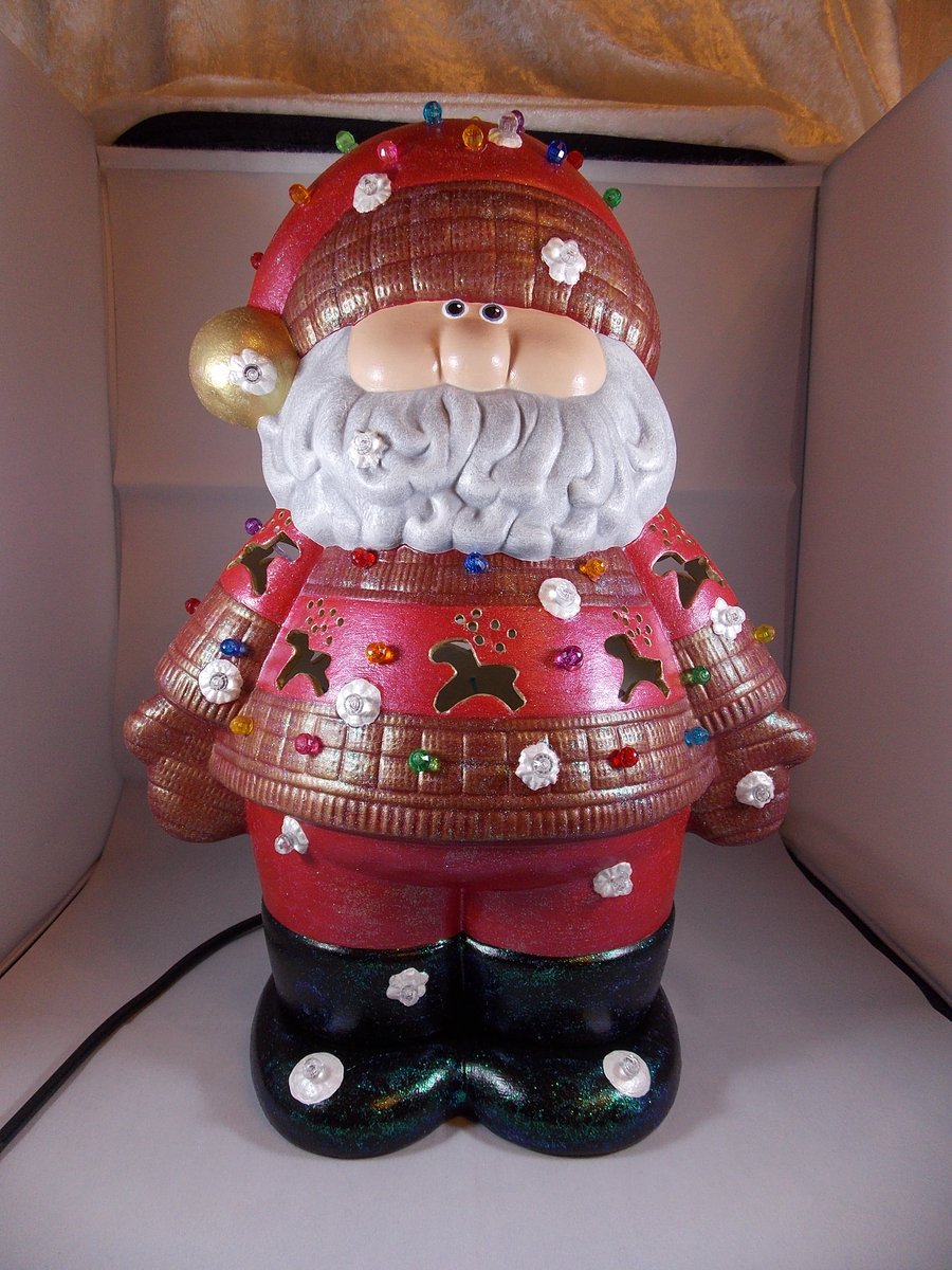 Red Ceramic Xmas Father Christmas Santa Figurine Table Lamp Ornament Decoration.