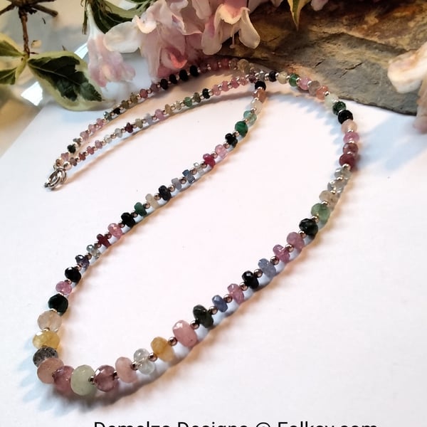 Ombre Genuine Faceted Sapphire, Emerald & Ruby Necklace 925 Sterling Silver
