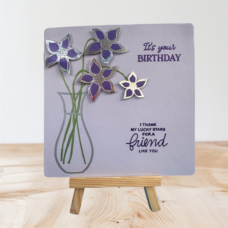 Birthday card, special friend, purple,silver flowers, Perfectly imperfect floral