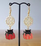 Floral Charm with Enamelled Black Cat & Pumpkin Earrings & Gold Plated Ear Wires