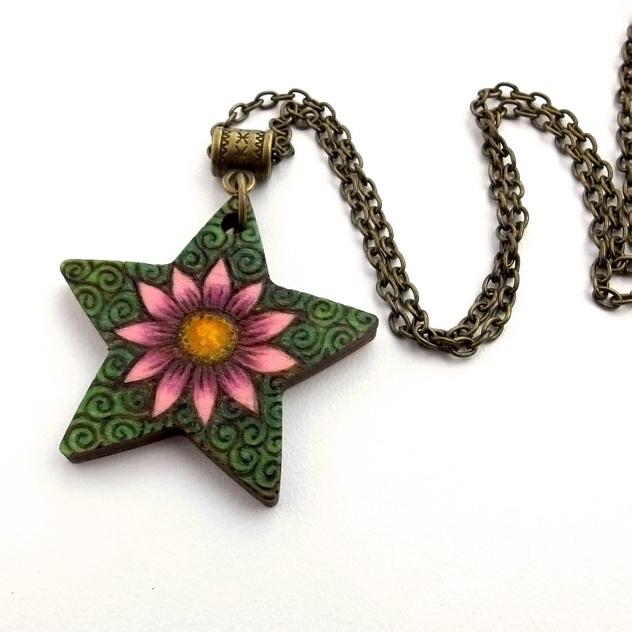 Dainty Star Flower Pyrography with Colour Wooden Pendant and Necklace