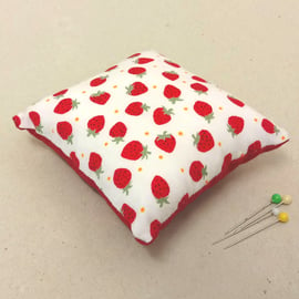 Pin cushion in white with strawberry pattern, sewing accessory