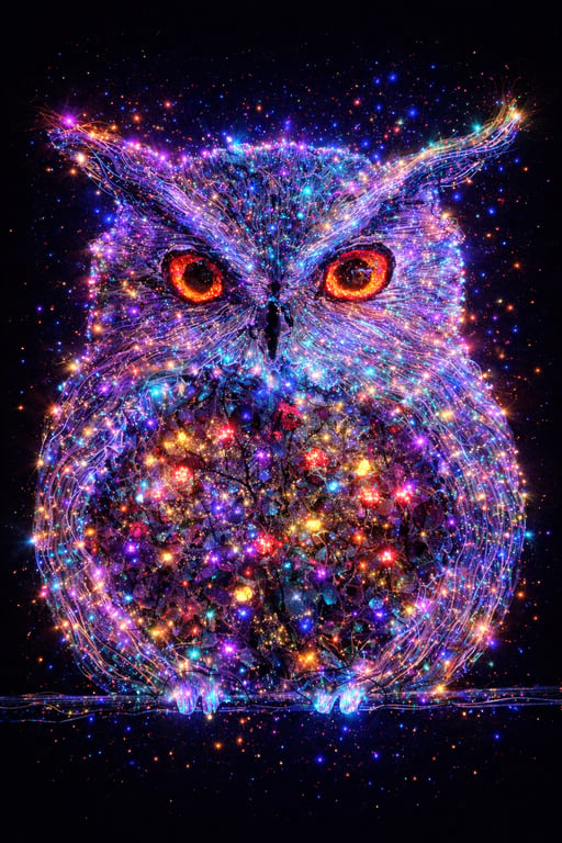 AI image inspired by  an original piece of my own artwork calledThe bright Owl