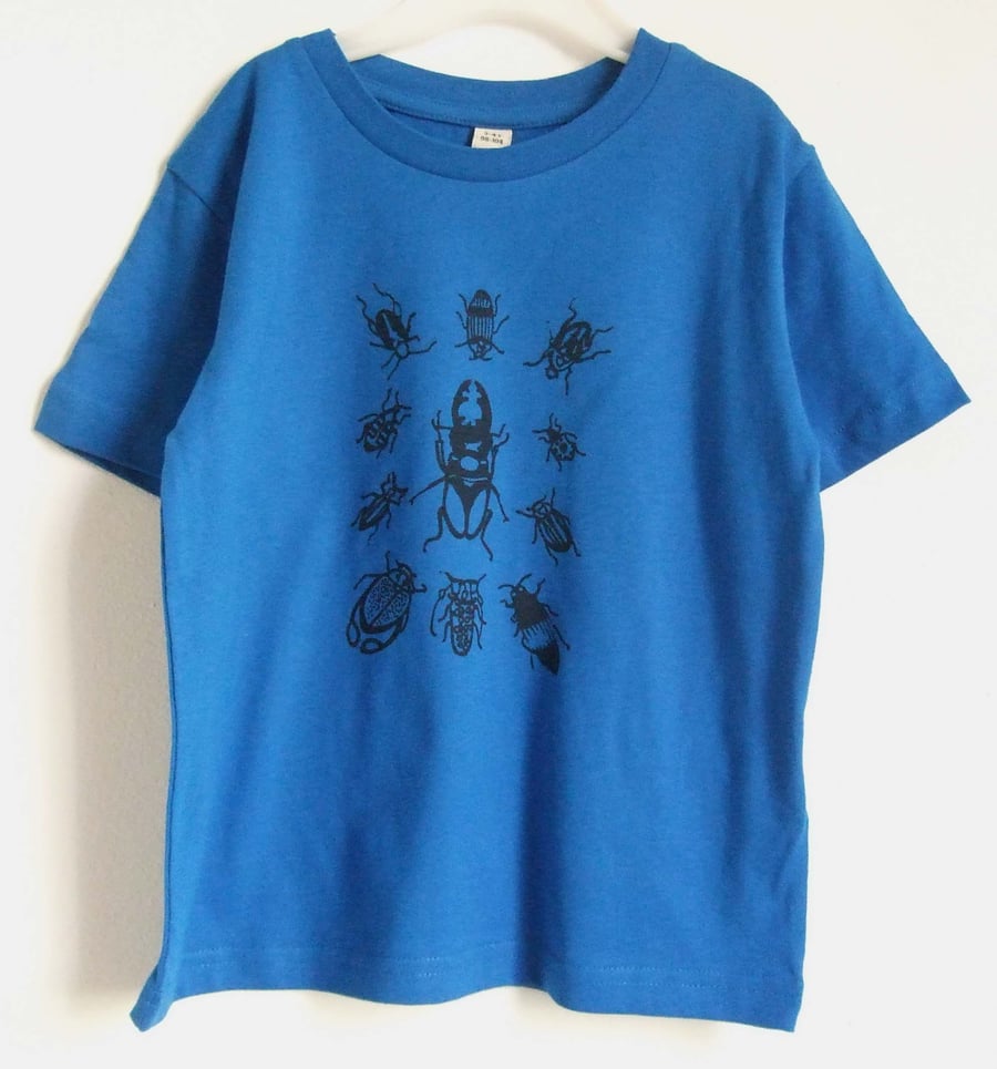 Beetles Bugs  kids bright blue organic T shirt 3-4yrs