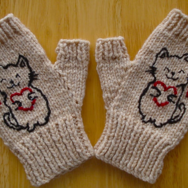 Hand Made Peach Fingerless Gloves With Hand Embroidered Cat And Hearts (J179)