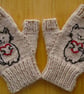 Hand Made Peach Fingerless Gloves With Hand Embroidered Cat And Hearts (J179)