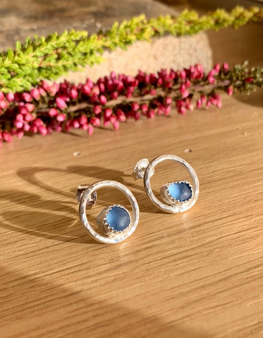 Blue Sea Glass earrings, Sea Glass stud earrings, Sterling Silver Seaglass jewel