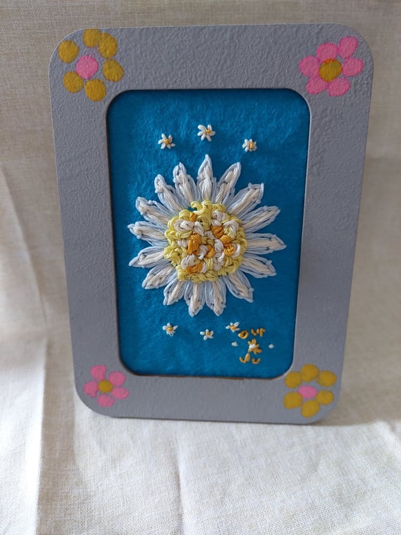 Hand embroidered flowers small picture upcycled painted frame.