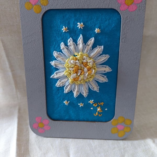 Hand embroidered flowers small picture upcycled painted frame.