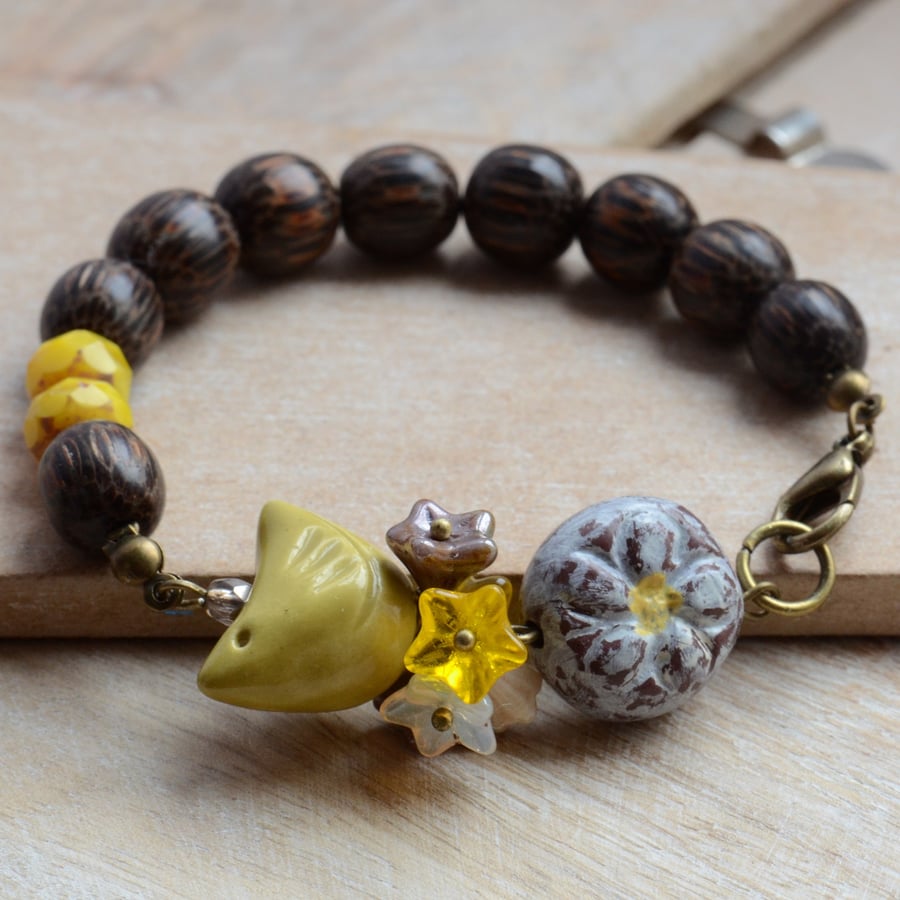 Yellow Ochre Mustard Ceramic Bird, Flower and Wooden Bead Bracelet