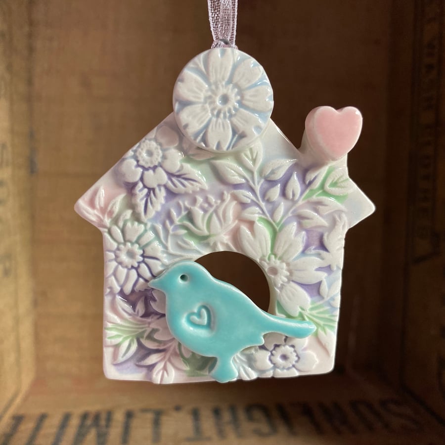 Small Ceramic bird house decoration with pink heart