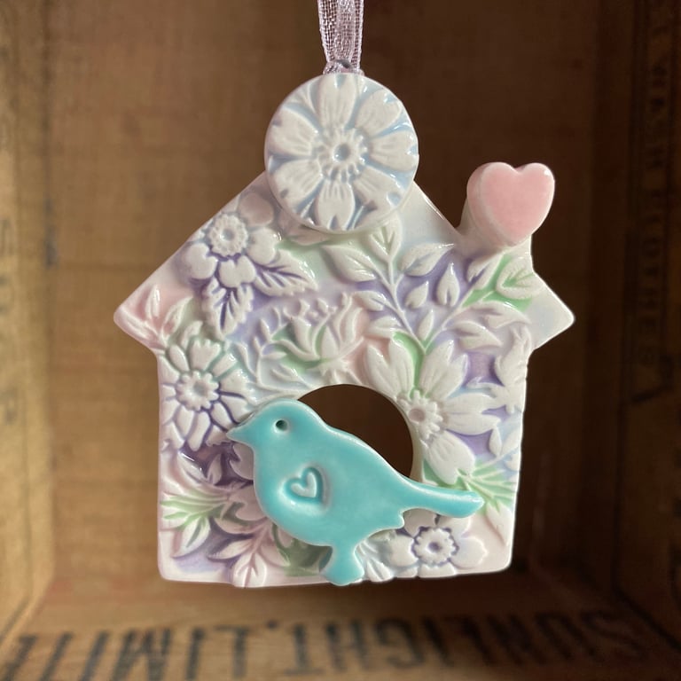 Small Ceramic bird house decoration with pink heart