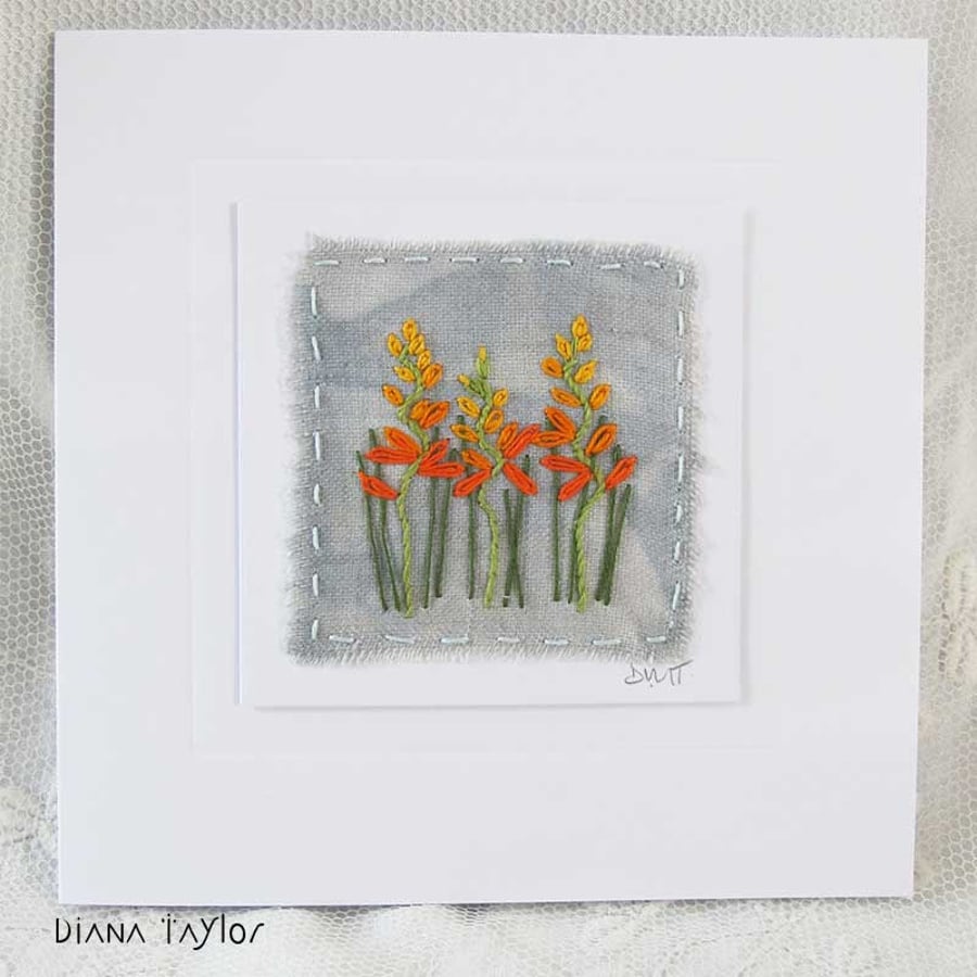 HAND EMBROIDERED HAND DYED FLORAL GREETINGS CARD