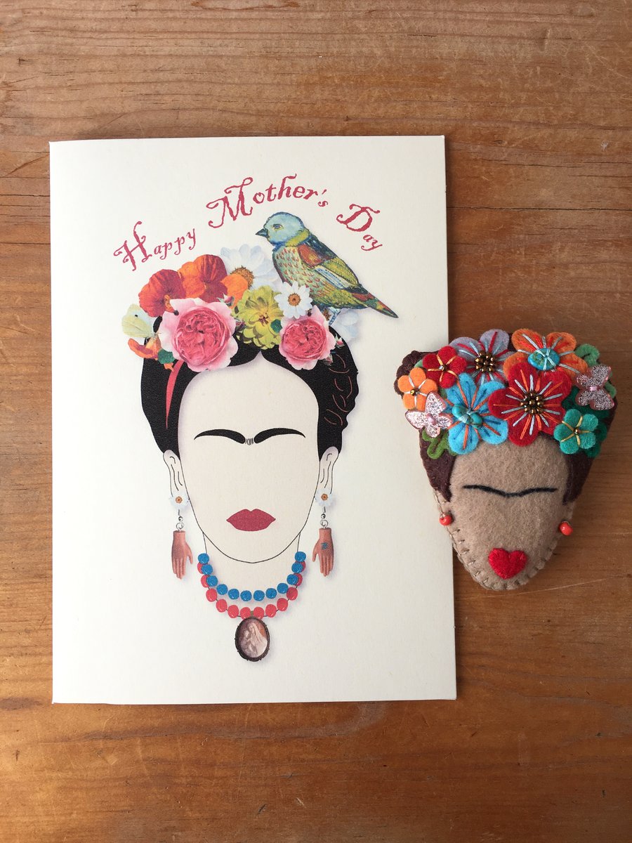 Set of Frida kahlo inspired handmade felt brooch and Mother's day card 