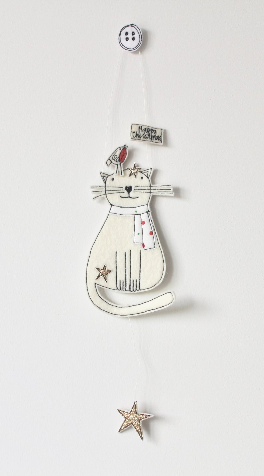 'Happy Christmas from a Little Cat and Robin' - Hanging Decoration