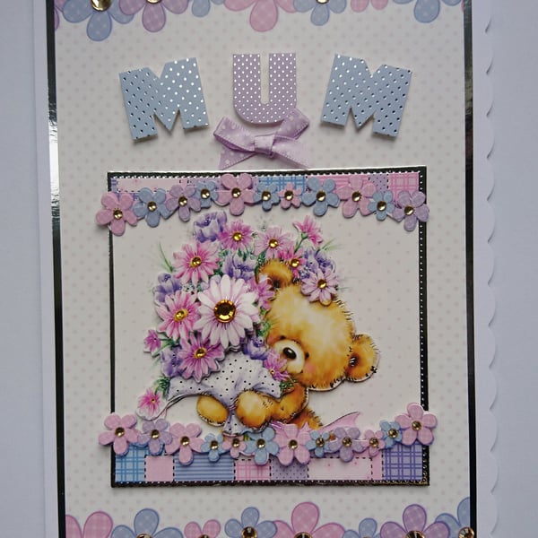 Mum Birthday Card Mother's Day Card Teddy Bouquet of Flowers 3D Luxury Handmade